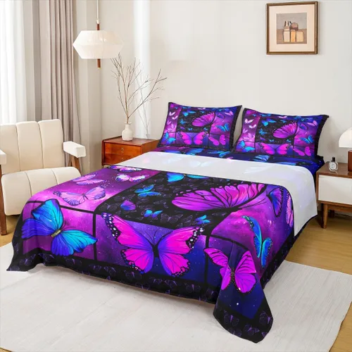 Juego de sábanas de mariposa morada, tamaño Queen, con bolsillo profundo, galaxia mística, juego de ropa de cama de mariposa azul para niños, niñas,