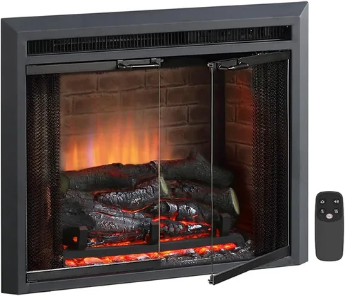 PuraFlame Klaus - Inserto eléctrico para chimenea con sonido de chispas de fuego, puerta de vidrio y pantalla de malla, 750/1500 W, color negro, 22
