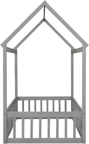 Miniatura 8 de Cama de casa individual para niños con barandillas de valla, marco de cama Montessori de madera tamaño individual con puerta pequeña para niños
