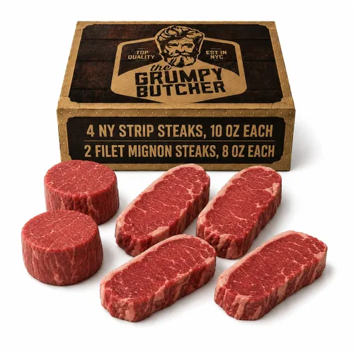 Miniatura 9 de Caja de regalo de 4 filetes Grumpy Butcher – 2 filetes de entrecot (12 oz) y 2 filetes de solomillo superior (6 oz) – Sampler de carne Angus