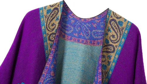 Miniatura 3 de Poncho con flecos, con estampado vintage, estilo retro, a la moda, para mujer. Capa, chal.