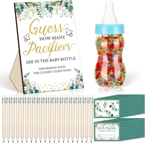 Syhood Greenery Baby Shower Games Guess How Many Pacifiers Sage Game Signal, 50 pequeños juegos de adivinanzas, 20 lápices HB, botella de leche de