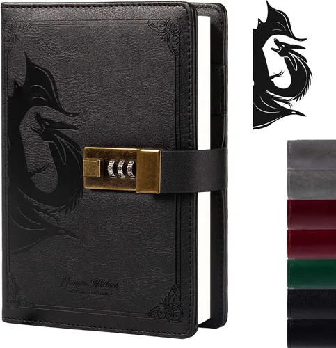 Miniatura 20 de TIEFOSSI Diario de Cuero Dragón, Cuaderno de Tapa Dura, Diario Recargable con Cerradura, Cuadernos de Escritura con Papel Rayado/En Blanco