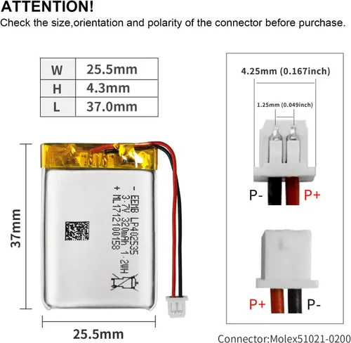 Miniatura 3 de EEMB Batería de polímero de litio 3.7V 320mAh 402535 Lipo Batería recargable con conector Molex de alambre para altavoz y dispositivo inalámbrico