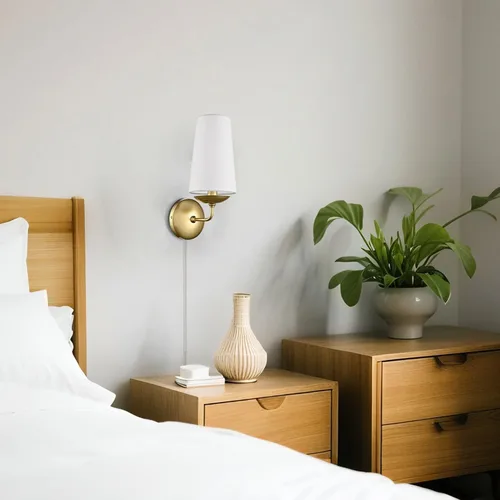 Miniatura 7 de Apliques de pared dorados modernos juego de dos con pantalla de lino, lámpara de pared enchufable o de instalación fija para dormitorio, sala de Oro