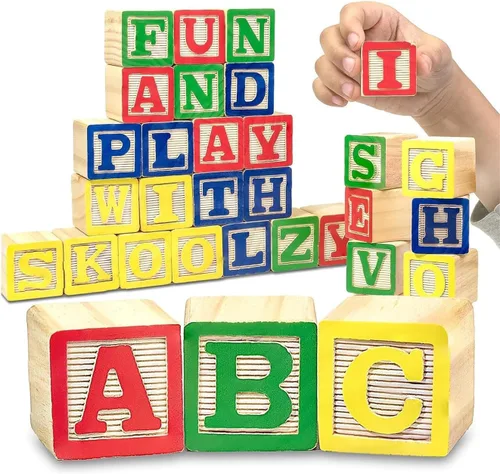 30 bloques con letras de colores de Skoolzy Juguete de construcción en madera ABC, para bebés, guarderías y preescolar Bloques de madera de lectura