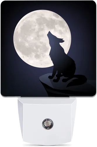 Lámpara de Noche Lobo Luna Negra, Luz Nocturna Inteligente con Sensor de Atardecer a Amanecer para Dormitorio, Baño, Cocina, Pasillo, Escaleras,