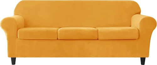 Miniatura 21 de OBCREAT Funda para sofá, 4 piezas, terciopelo elástico, para sofá de 3 cojines, funda de sofá suave con parte inferior elástica, protector
