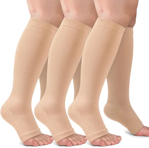 Paquete de 3 calcetines de compresión de cobre para mujeres y hombres, 20-30 mmHg con punta abierta hasta la rodilla, medias altas para soporte de