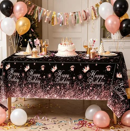 Miniatura 6 de Mantel de plástico color oro rosa negro (paquete de 4), 86 x 51 pulgadas, manteles para fiesta de cumpleaños y fiesta de boda de niñas y mujeres