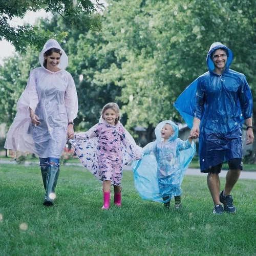 Miniatura 2 de Ponchos de lluvia desechables paquete familiar (paquete de 8) – Poncho de lluvia impermeable con capucha para adultos y niños – Paquete de poncho
