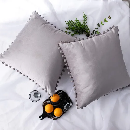 Miniatura 15 de Juego de 2 fundas para cojines decorativos de terciopelo sólido suave con borde de pompones