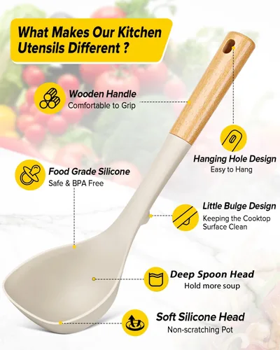 Miniatura 2 de Juego de cucharón de sopa de silicona y cuchara de espagueti con mango de madera, utensilios de cocina antiadherentes resistentes al calor para Caqui