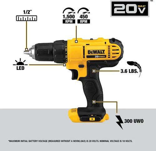 Miniatura 3 de DEWALT Kit combinado de taladro inalámbrico máximo de 20 V, 2 herramientas con batería compacta de iones de litio de 1.5 Ah 20V (DCK240C2 y DCB201)