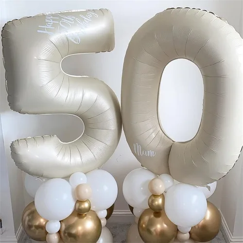 Miniatura 4 de Globos color crema de 40 pulgadas con números grandes del 0 al 9, globos autoinflables de helio con el número 0 de arena blanca para niños y niñas