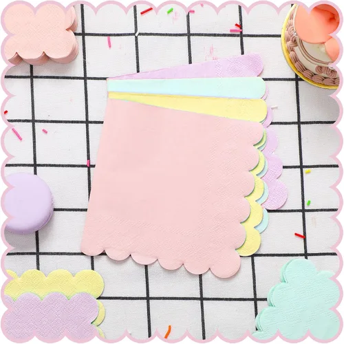 Miniatura 4 de Qilery Paquete de 100 servilletas de cóctel en colores pastel, estilo bohemio, con bordes festoneados, de papel arcoíris, desechables, a granel