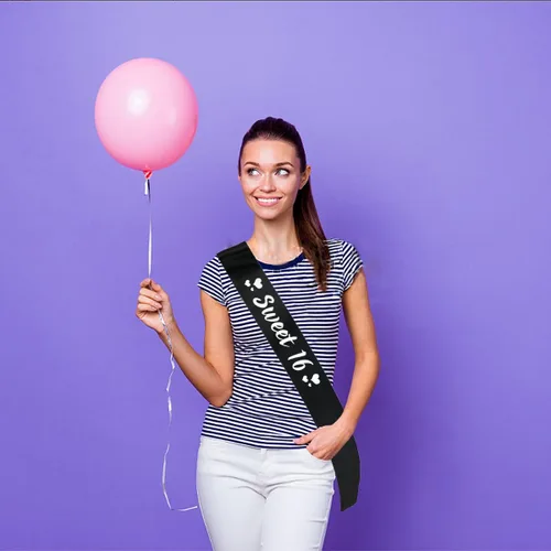 Miniatura 4 de Banda de cumpleaños de 16 años, banda de satén negro plateado con texto en inglés "Sweet 16" para niña, decoración de fiesta de cumpleaños de 16