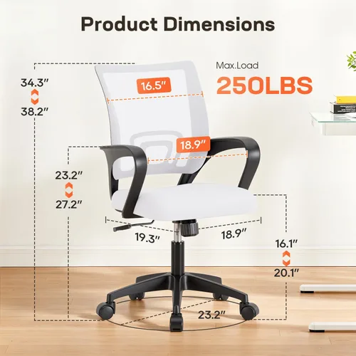 Miniatura 7 de BestOffice Silla de oficina ergonómica Silla de escritorio giratoria de respaldo medio Respaldo transpirable y soporte lumbar Altura Blanco