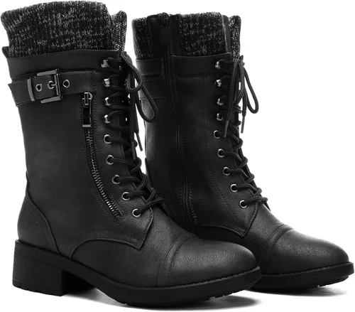 Miniatura 4 de DREAM PAIRS Botas militares de invierno con cordones de media pantorrilla para mujer