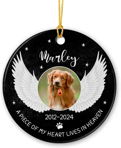 Marco de fotos conmemorativo personalizado para mascotas, adorno de Navidad 2025, Un pedazo de mi corazón vive en el cielo, adorno de cerámica de