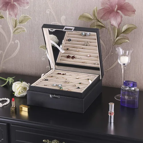 Miniatura 3 de BEWISHOME Organizador de anillos y soporte para caja de aretes, 11 ranuras para anillos, 25 compartimentos para aretes, espejo grande, 2 capas