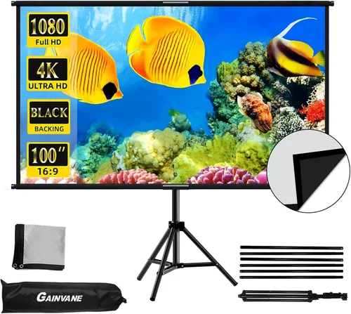 Pantalla de proyector con soporte de 100 pulgadas, pantalla de proyección para interiores y exteriores con respaldo negro, pantalla de trípode 16:9