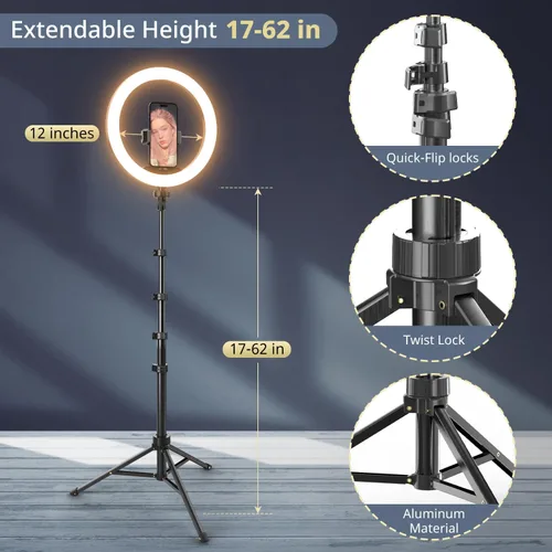 Miniatura 3 de UBeesize - Anillo de luz para selfies de 12" con soporte de trípode extensible de 62" y control remoto, luz LED circular con soporte para teléfono