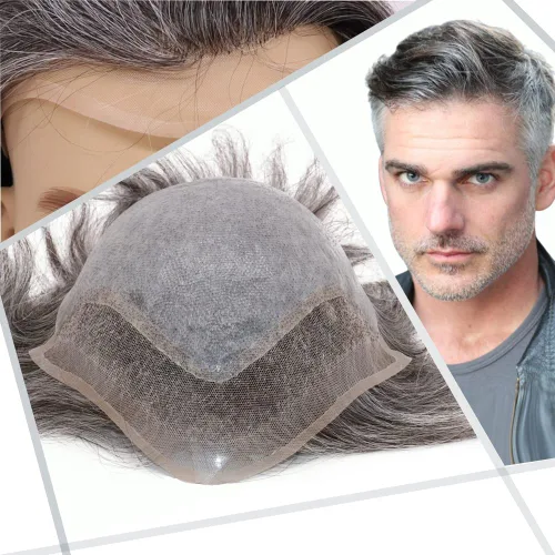 Miniatura 16 de Toupee - Peluca de cabello humano europeo con encaje frontal suizo y línea capilar natural para hombre, con piel sintética, sistema de reemplazo