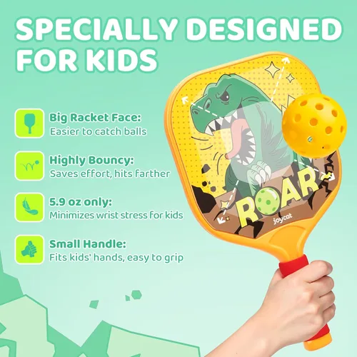 Miniatura 2 de JoyCat Juego de 2 palas de pickleball para niños, palas de pickleball ligeras de plástico con mango pequeño, 2 pelotas de pickleball, 1 bolsa