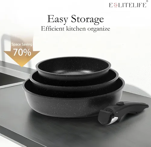 Miniatura 7 de ESLITE LIFE Juego de sartenes antiadherentes de cerámica con tapas y mango desmontable, sartenes de cocina no tóxicas para tortilla de huevo, Negro