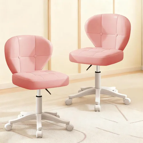 Silla pequeña de oficina con soporte lumbar, silla de escritorio sin brazos de cuero sintético giratoria con altura ajustable, silla compacta Rosa