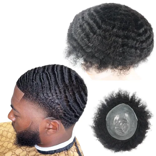 Miniatura 18 de Pelucas Afro Rizadas Toupé para Hombres Pelucas para Hombre Afroamericano Negro Unidad de Cabello Masculino Negro Rizado Afro Tejido Masculino