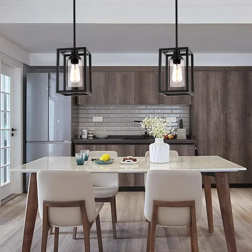 Miniatura 7 de Iluminación colgante de cocina sobre isla, lámpara colgante estilo granja de 1 luz negro mate, accesorios de luz colgante rectangulares de metal