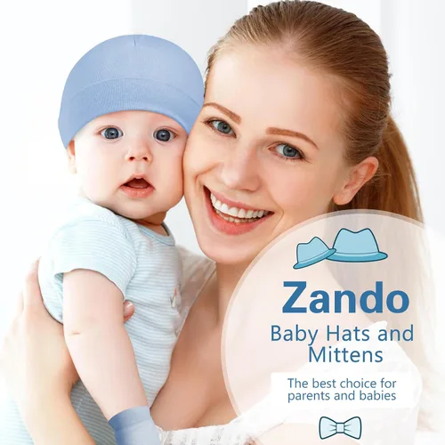 Miniatura 6 de Zando Gorros y manoplas unisex para bebés, gorro de hospital para recién nacidos, con guantes antiarañazos, conjunto para bebés y niños