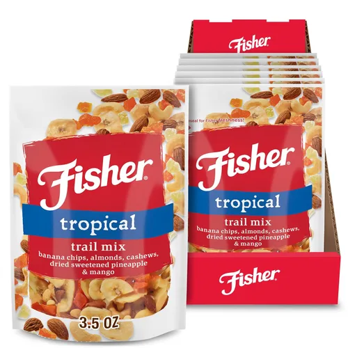 Fisher Tropical variedad de frutos secos, 3.5 onzas, paquete de 6 unidades, chips de plátano, almendras, anacardos, piña y mango endulzados y secos