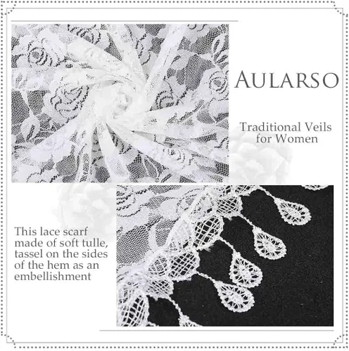 Miniatura 7 de Aularso Lace Church Veils Wedding Floral Scarf Tassel Shawl Mantilla Veils Soft Tulle Embroidered Bridal Mass Veil for Women