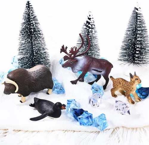 Miniatura 7 de SIENON Juego de 60 piezas de juguetes de animales árticos, mini figuras de animales de invierno con oso polar, pingüino, caribú, frailecillo, lince