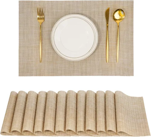 Miniatura 19 de Juego de 6 manteles individuales, antideslizantes, tejido de PVC, fáciles de limpiar, resistentes al calor, para cocina, comedor, decoración Beige