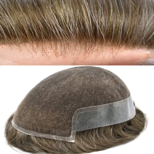 Miniatura 70 de Tupé de encaje suizo para hombres, piezas de cabello humano real, encaje frontal, sistema de reemplazo de cabello tipo tupé, nudo blanqueado, línea