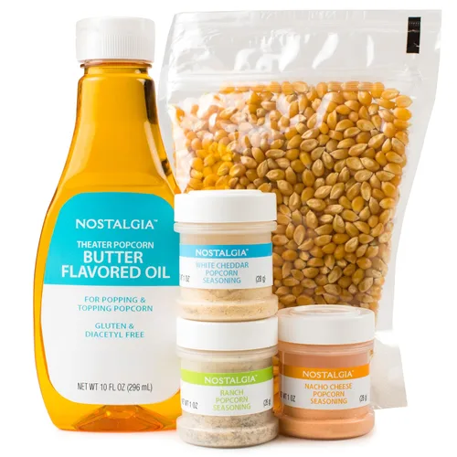 Kit de máquina de palomitas Nostalgia Theater – 1 lb. de granos y 12.5 oz. de aceite con sabor a mantequilla – Tres sabores de sal sazonadora de 3