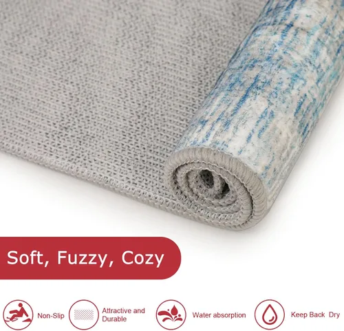Miniatura 5 de KOZYFLY Tapete de entrada abstracto de 2 x 3 pulgadas, lavable, antideslizante, suave, para área pequeña, color azul y beige, moderno, a rayas