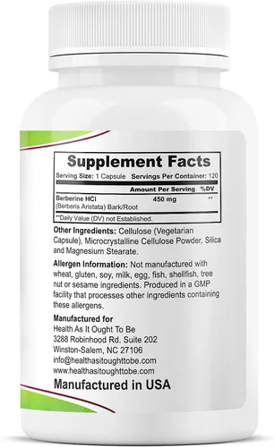 Miniatura 2 de Health As It Ought To Be Suplemento de berberina fresca de 450 mg Contiene solo berberina Sin conservantes 120 cápsulas