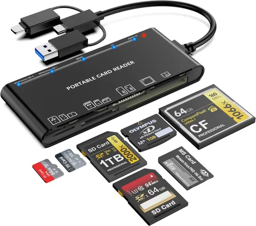 Memory Stick Pro Duo - Lector de tarjetas SD/Micro SD/TF/XD/CF/M 7 en 1 para Windows, Mac, Linux (USB-A + USB-C + IP)