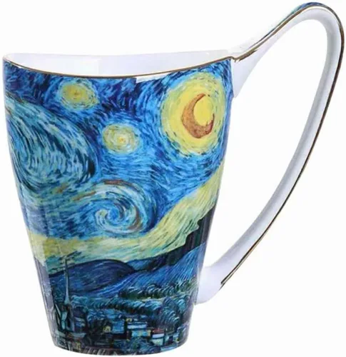 Miniatura 9 de Taza de café de porcelana de hueso YBK Tech, taza grande de 16oz de té - Diseño inspirado en las pinturas de Van Gogh (flor de albaricoque)