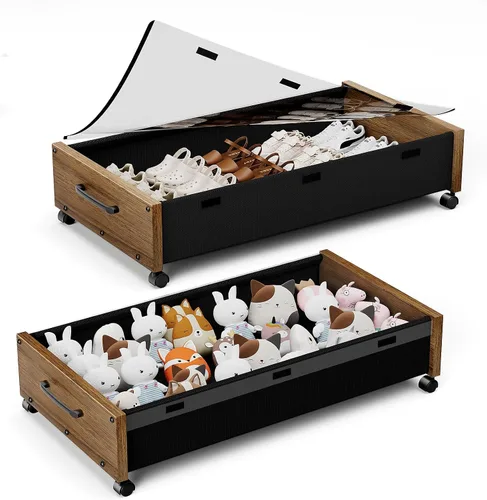 Miniatura 15 de Almacenamiento debajo de la cama con ruedas, 2 paquetes de contenedores de almacenamiento de madera extra grandes debajo de la cama, organizador