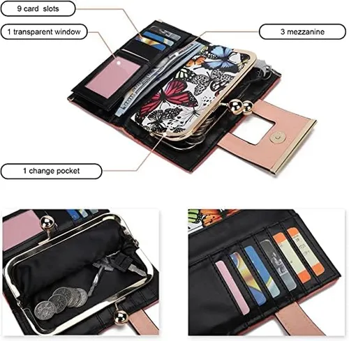 Miniatura 5 de Cartera de cuero para mujer de gran capacidad, cartera larga de gran capacidad, con ranuras para 10 tarjetas y clips, y billetera cero con hebilla