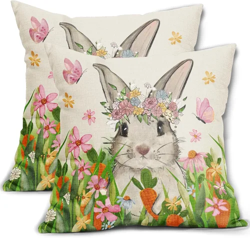 Miniatura 8 de Juego de 2 fundas de almohada de primavera de 12 x 20 pulgadas, diseño floral de conejo, conejo, floral, decorativas, lumbar, para sofá o cama