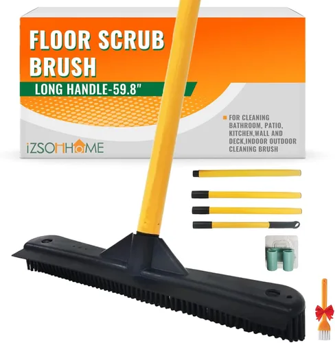 Escoba de empuje, escoba de depilación de mascotas con escoba con escoba de cerdas de silicona suave con mango largo, cepillo barredora de alfombras