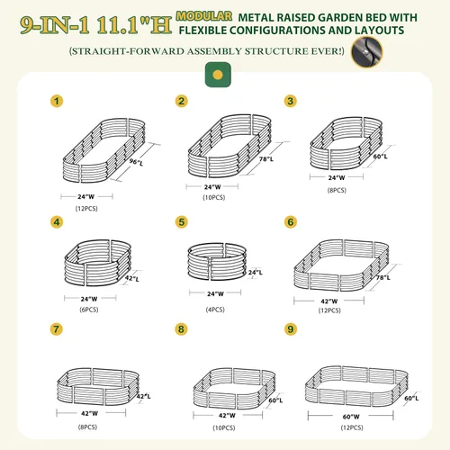 Miniatura 3 de VEIKOU Cama de jardín elevada de 8 x 2 x 1 pies, maceta galvanizada, cama de jardín modular 9 en 1 para verduras al aire libre, flores, gris