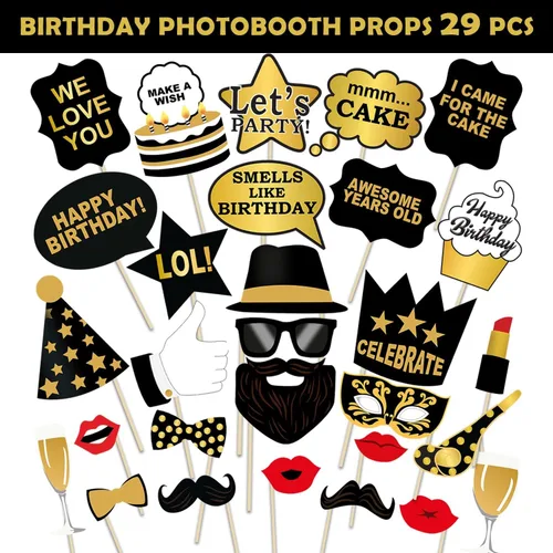 Miniatura 2 de Juego de 29 piezas de accesorios para cabina de fotos de cumpleaños con divertida corona, sombreros, barba y cara feliz, bigote para niños, cabina